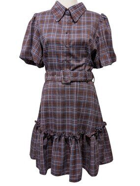 Ivy City Co Womens Sz 12 Virginia Brown Blue Plaid Puff Sleeve Belt Ruffle Dress